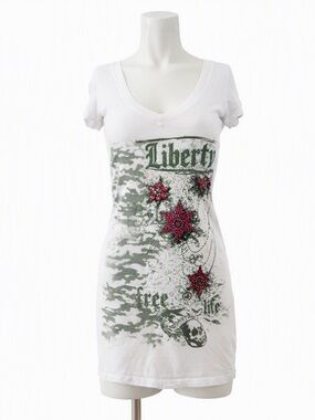 Shamu Liberty Wear Women's V-Neck Short Sleeve Rhinestones T-Shirt White Small